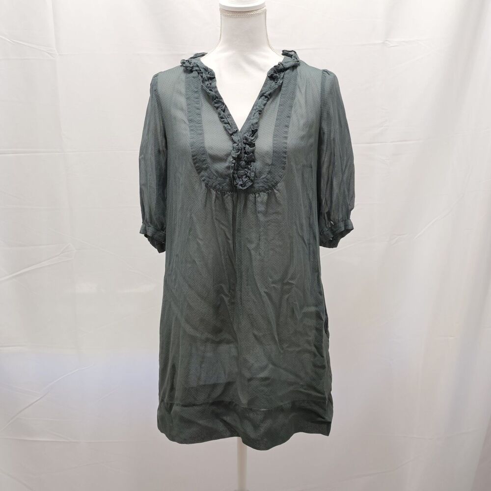 Boho Romantic Ruffle Bib Dress Grey Polka Dot Sheer Puff Sleeve Pockets Small